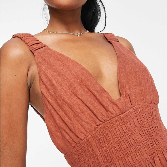 Abercrombie & Fitch asymmetrical scrunchie strap maxi dress in rust Sz L - Picture 4 of 5